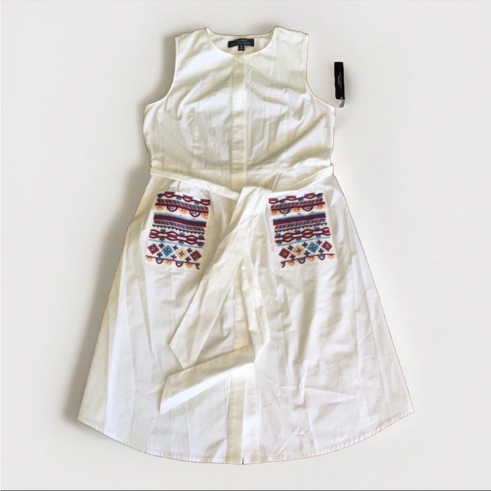 Tahari White Midi Dress with Colorful Embroidery NWT